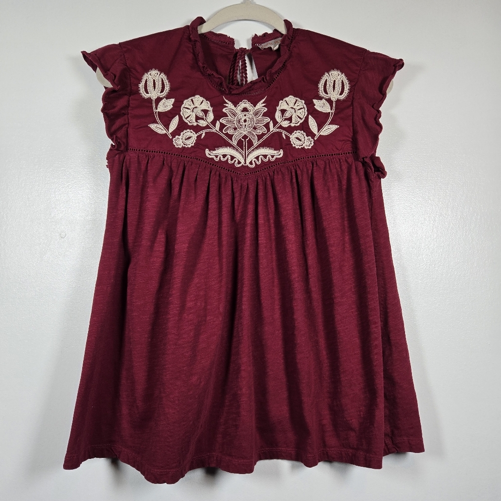 Knox Rose Burgundy Floral Embroidered Ruffle Flutter Sleeve Peasant Top Small